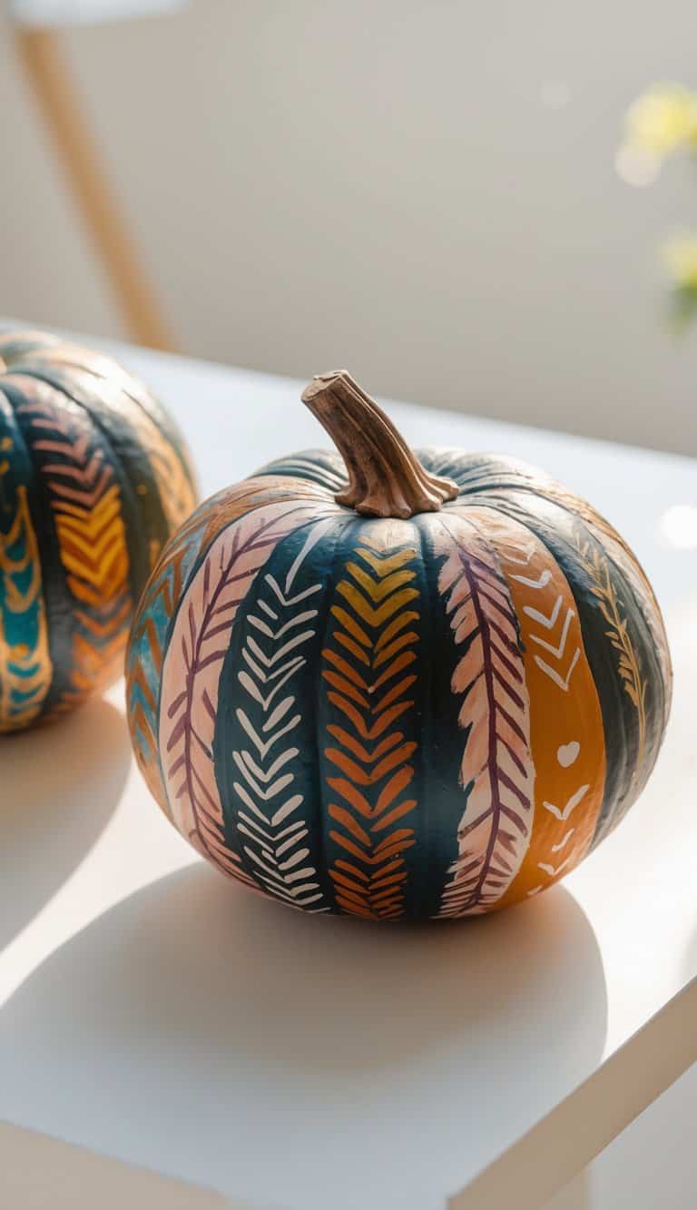 A pumpkin decorated with colorful, vertical leaf-patterned stripes in shades of blue, yellow, pink, and white sits on a white surface in bright natural light.