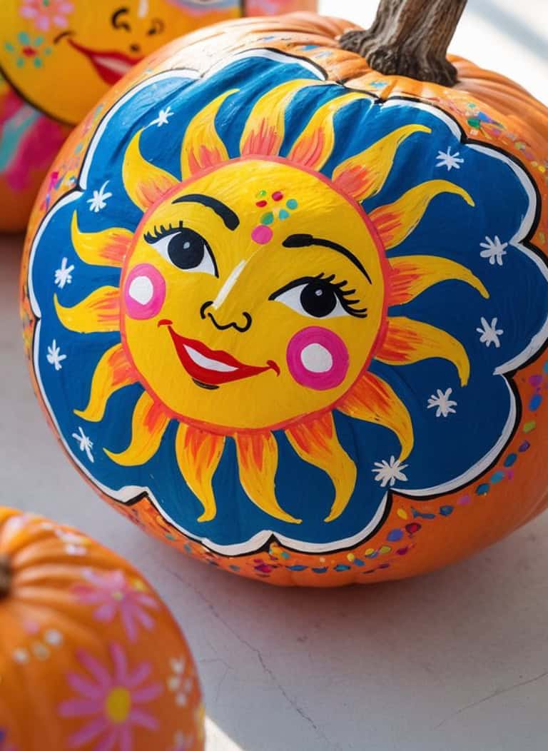A pumpkin is painted with a colorful, smiling sun face featuring bright yellow rays, pink cheeks, red lips, and blue background. The design is cheerful, surrounded by small painted decorations.