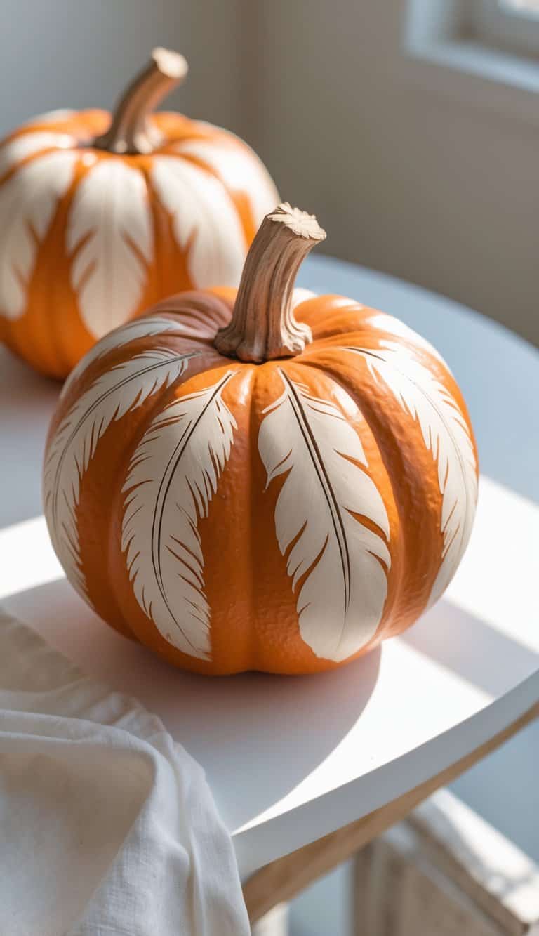 Two orange pumpkins are decorated with large, white feather designs. They are placed on a white table in natural sunlight, with part of a white cloth visible in the foreground.