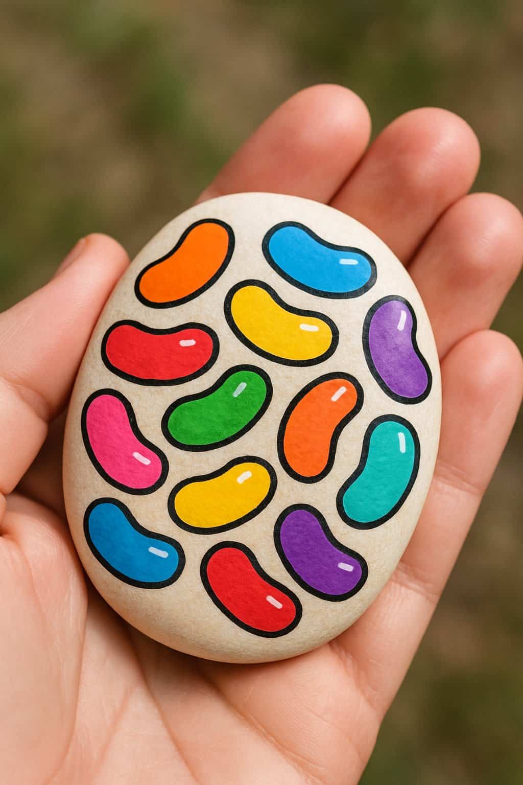 A hand holds a smooth, oval stone painted with colorful jellybean shapes in various bright colors, including red, orange, yellow, green, blue, and purple. The background is blurred grass.