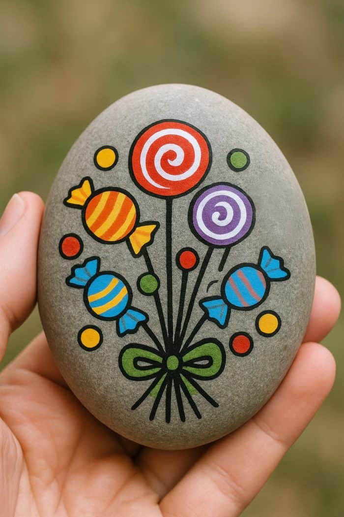 A hand holds a smooth gray stone painted with colorful candies and lollipops arranged like a bouquet, complete with a green bow and decorative dots.