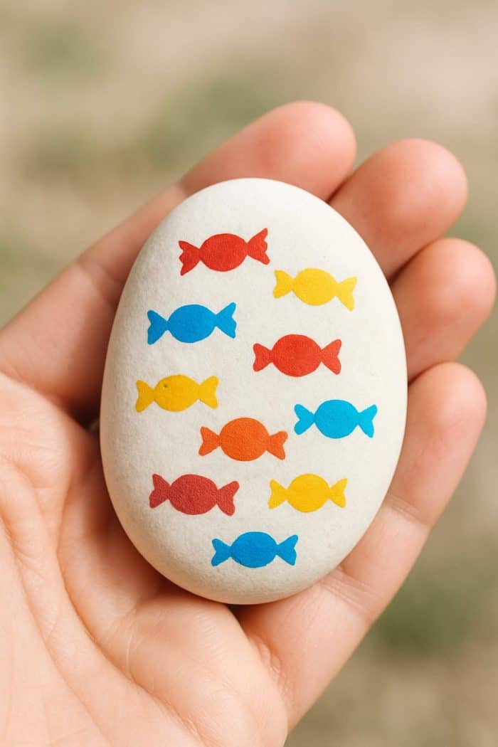 A hand holds a white egg decorated with colorful candy-shaped designs in red, yellow, and blue. The background is blurred, making the egg the focal point of the image.