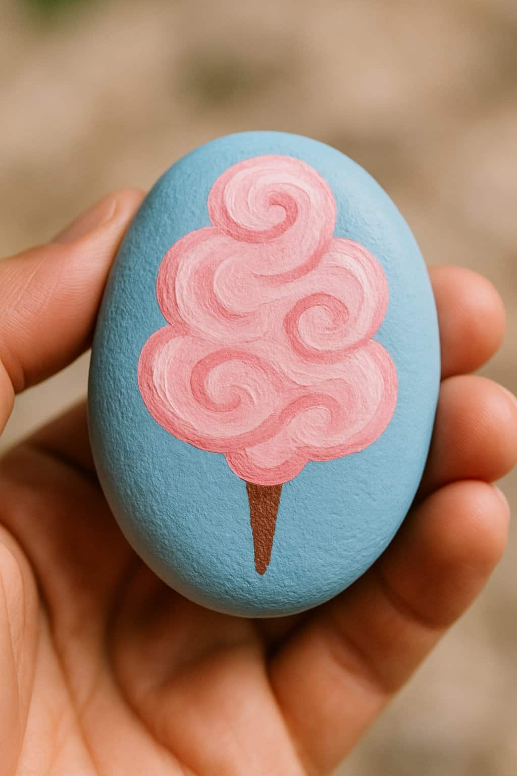A hand holds a smooth, blue-painted stone featuring a pink cotton candy illustration with a brown cone, against a blurred background.