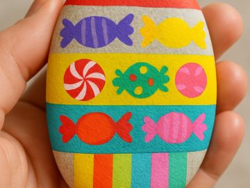 A hand holds a smooth, oval stone painted with colorful stripes and candy designs, including wrapped sweets and peppermint shapes in various bright colors.