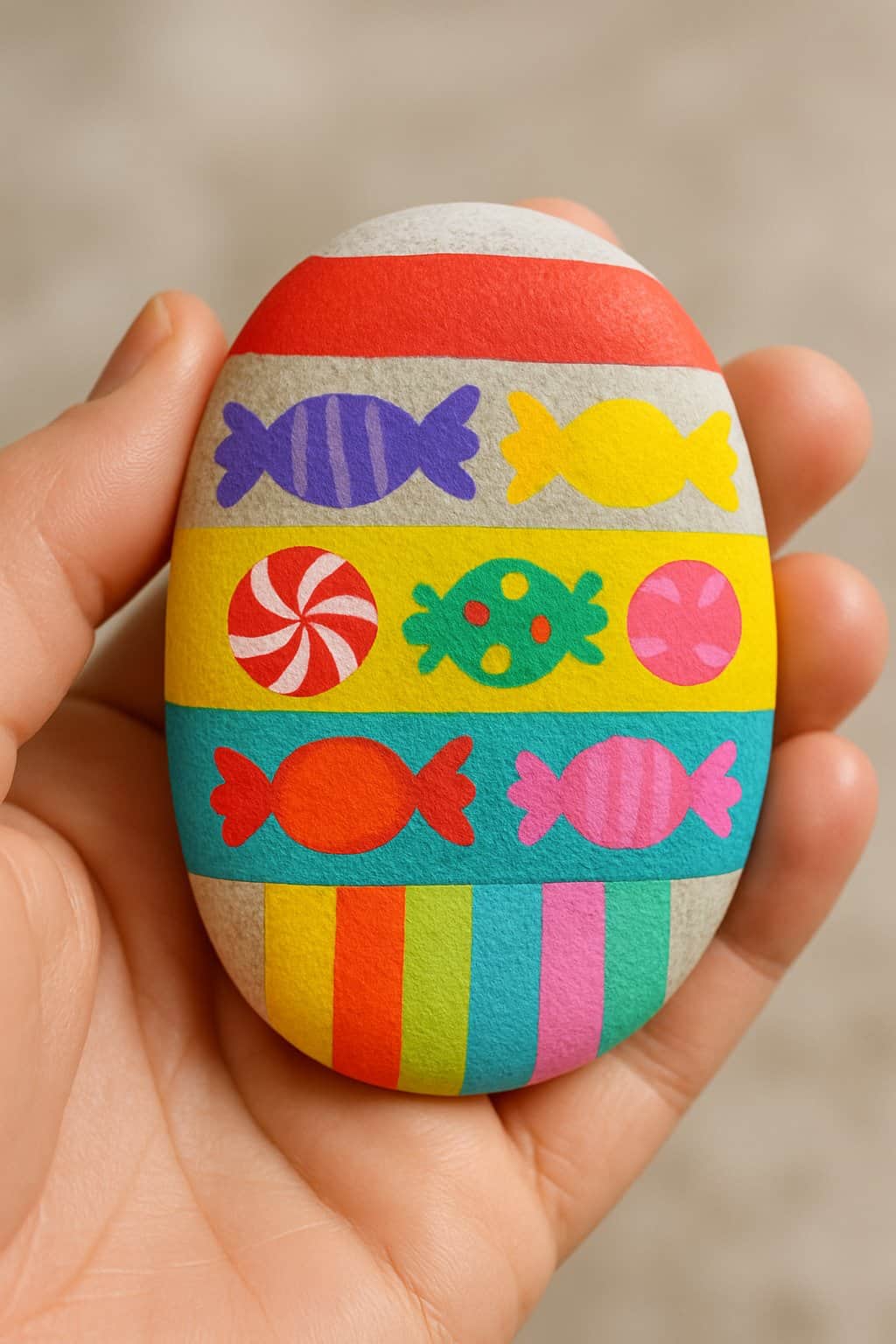 A hand holds a smooth, oval stone painted with colorful stripes and candy designs, including wrapped sweets and peppermint shapes in various bright colors.