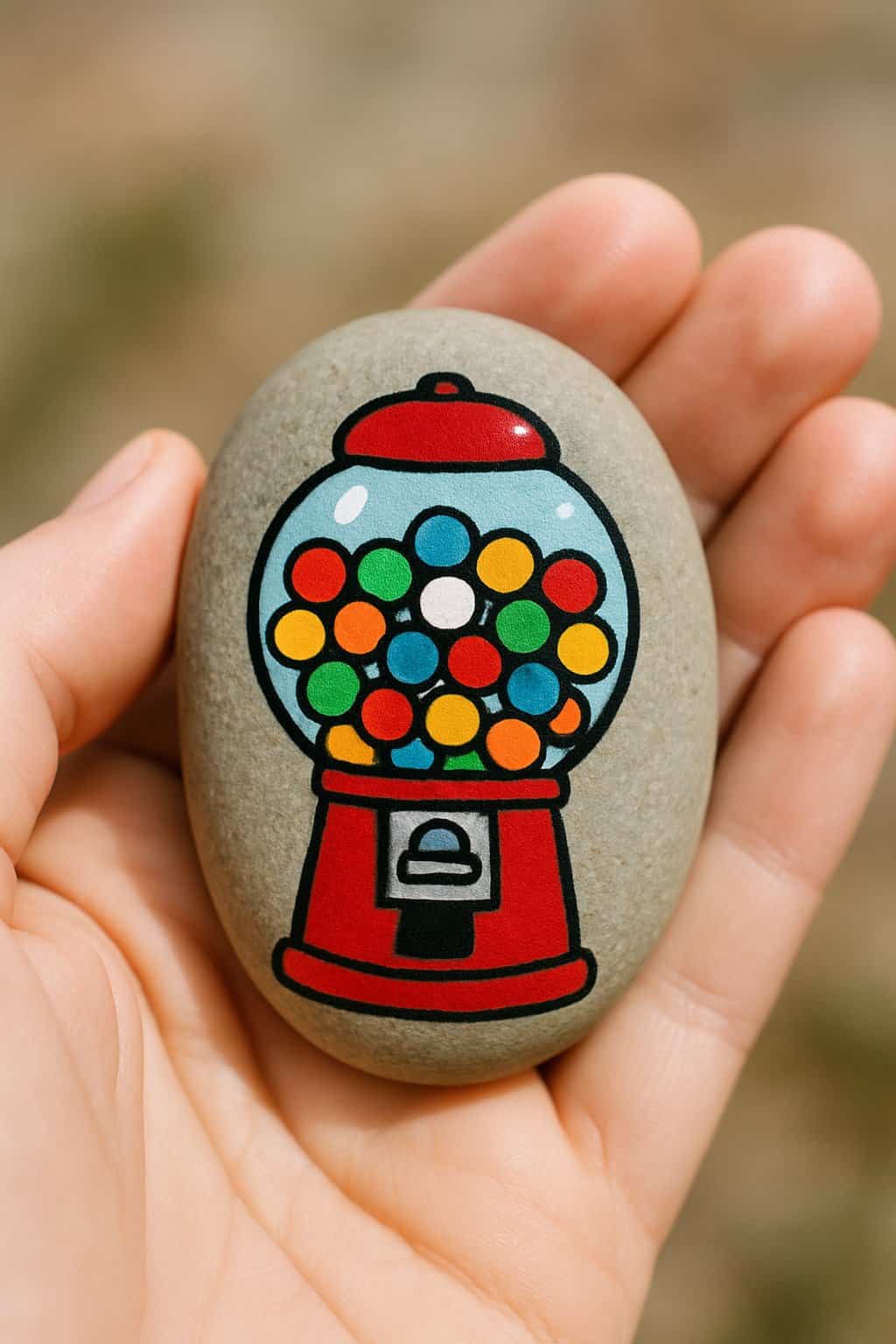 A hand holds a smooth gray stone painted with a colorful gumball machine filled with multicolored gumballs and a red base.