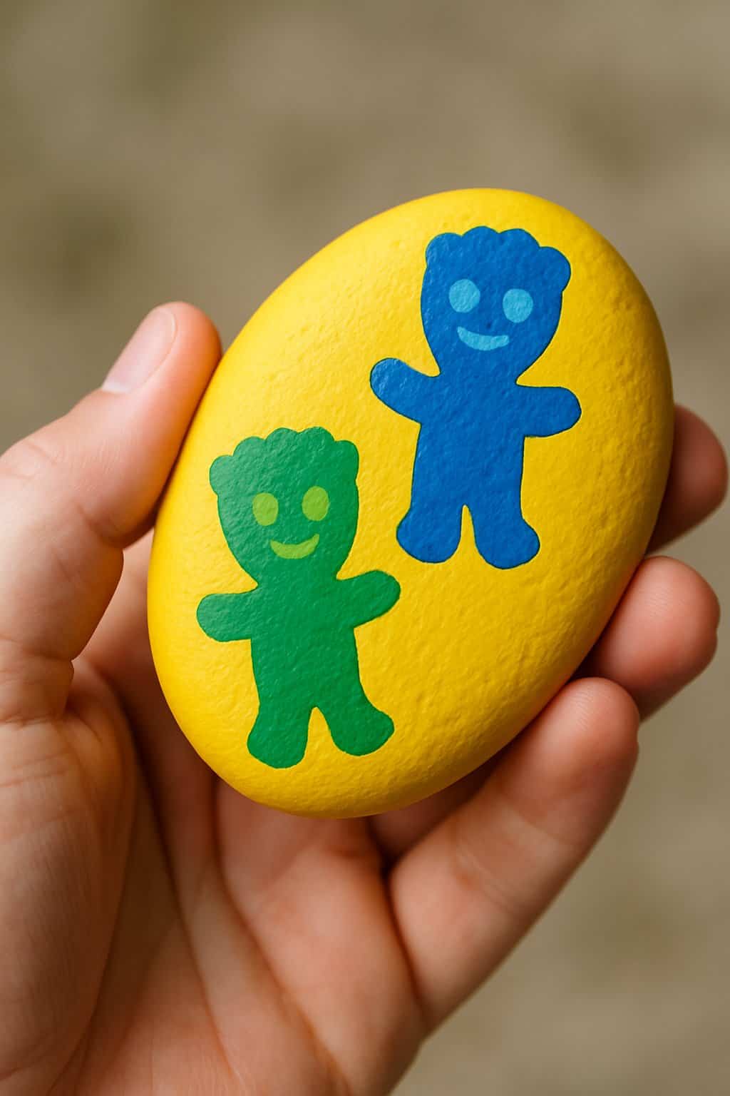 A hand holds a yellow oval stone decorated with blue and green bear-shaped stickers, both smiling and positioned upright against a blurred background.