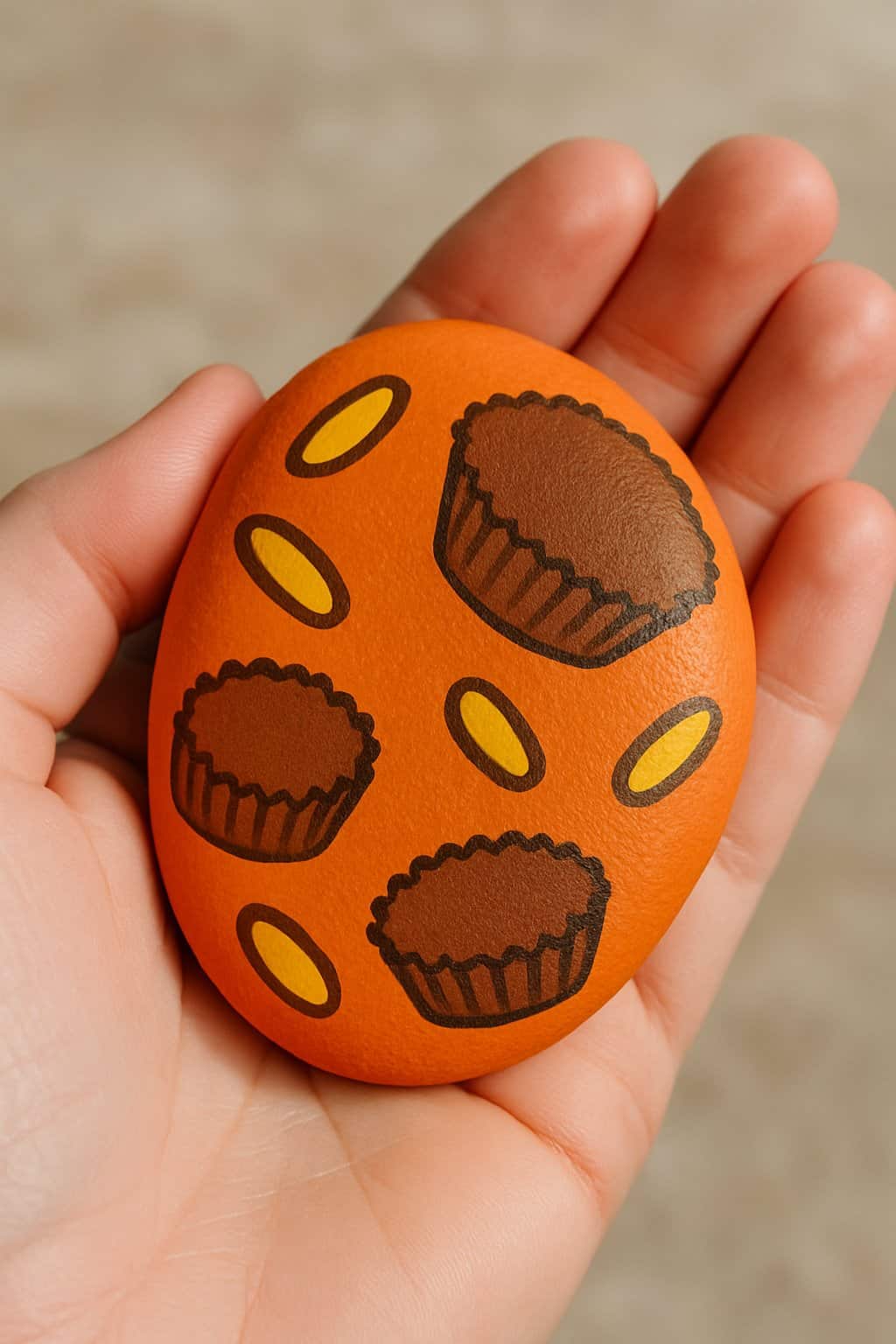 A hand holds an orange-painted rock decorated with illustrations of chocolate peanut butter cups and yellow oval shapes.