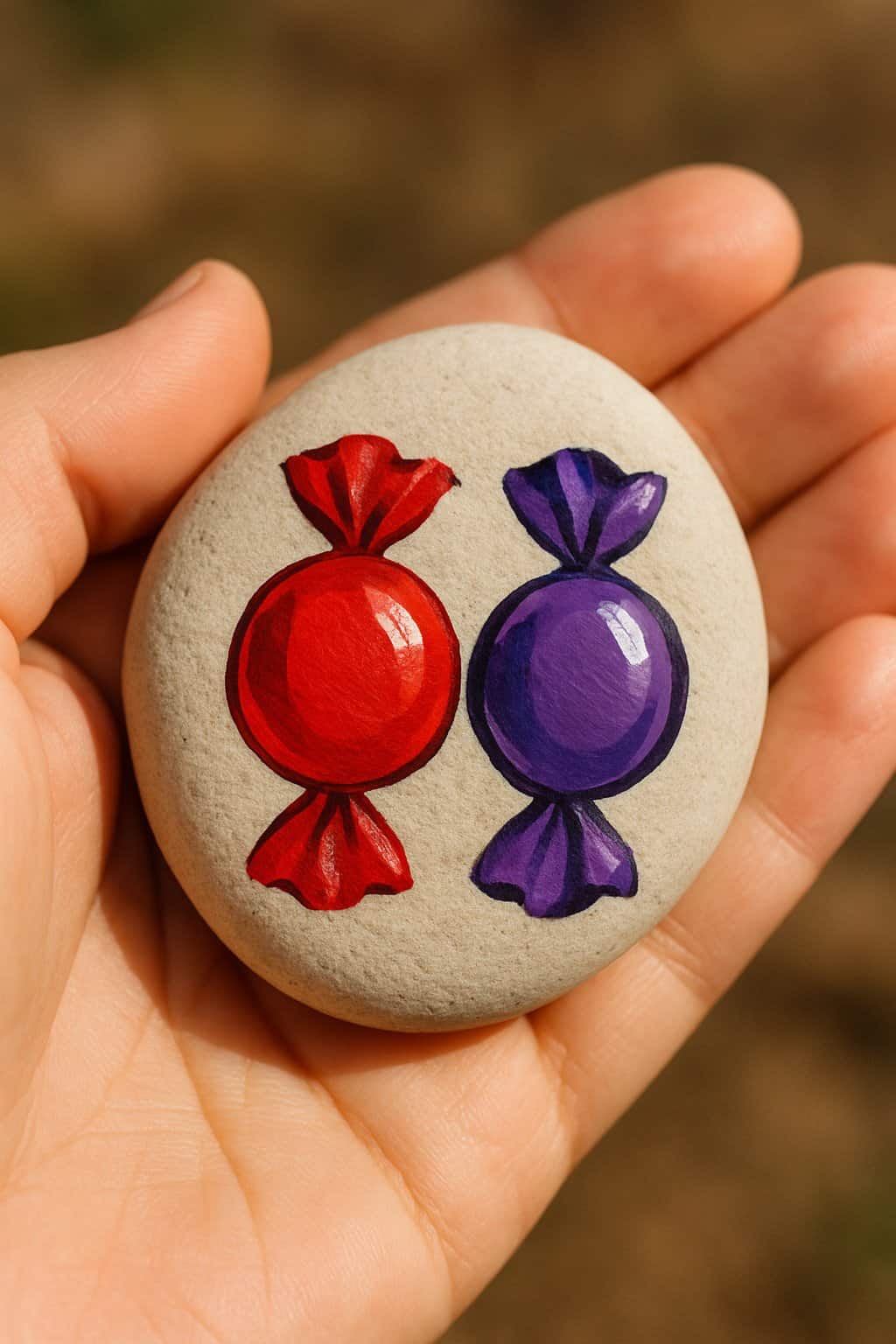 A hand holds a smooth stone painted with two wrapped candies, one red and one purple, against a blurred brown background.