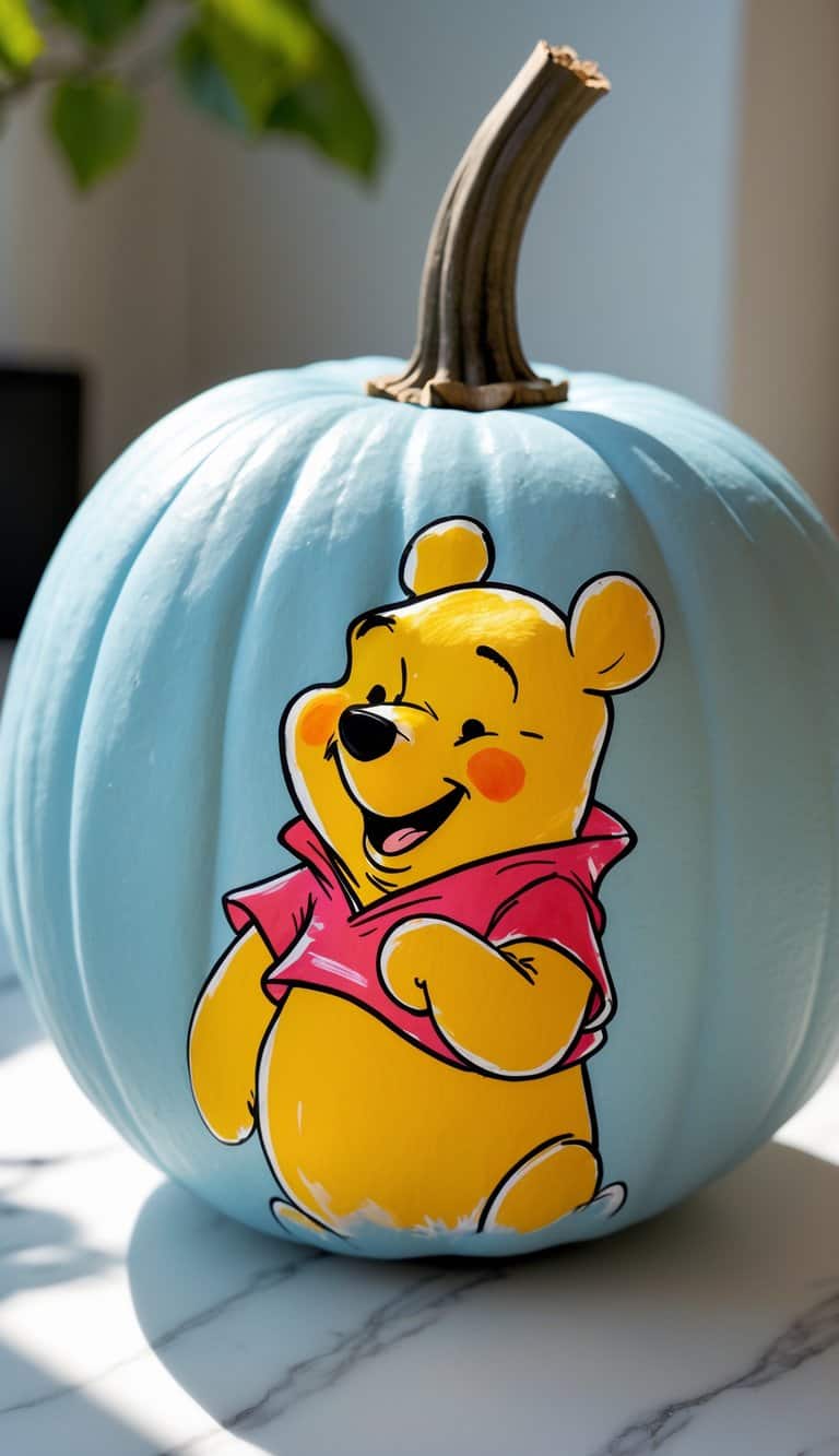 A light blue pumpkin painted with a cheerful image of Winnie the Pooh in a red shirt, smiling with eyes closed, sits on a sunlit marble surface.