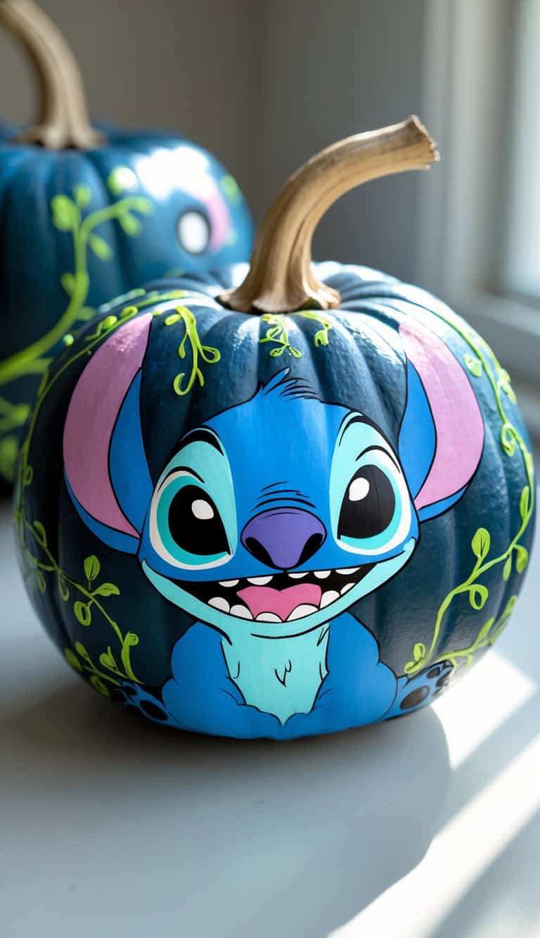 A pumpkin painted with a colorful cartoon image of Stitch from the movie "Lilo & Stitch," with vibrant blue fur, big ears, and green vine designs, sits on a table near a window.
