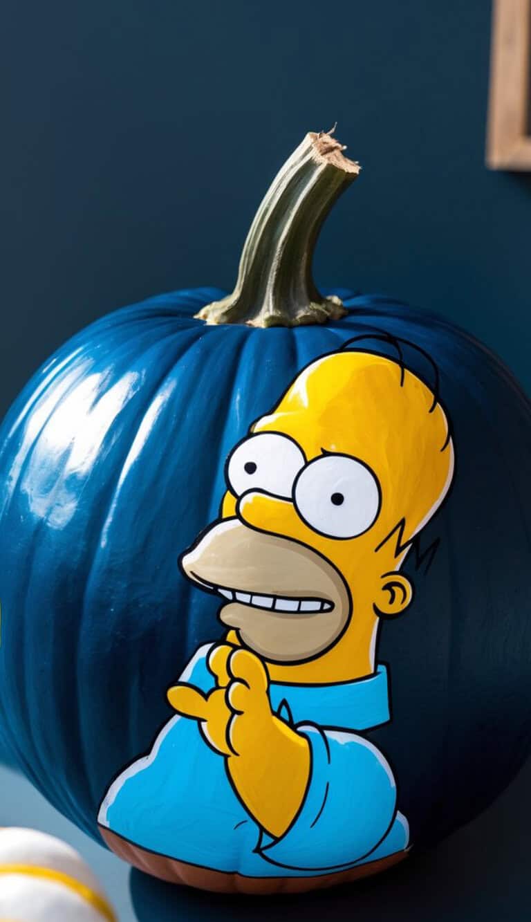 A pumpkin painted dark blue features a detailed, colorful illustration of a cartoon man with yellow skin and a blue shirt, resembling a classic animated character.