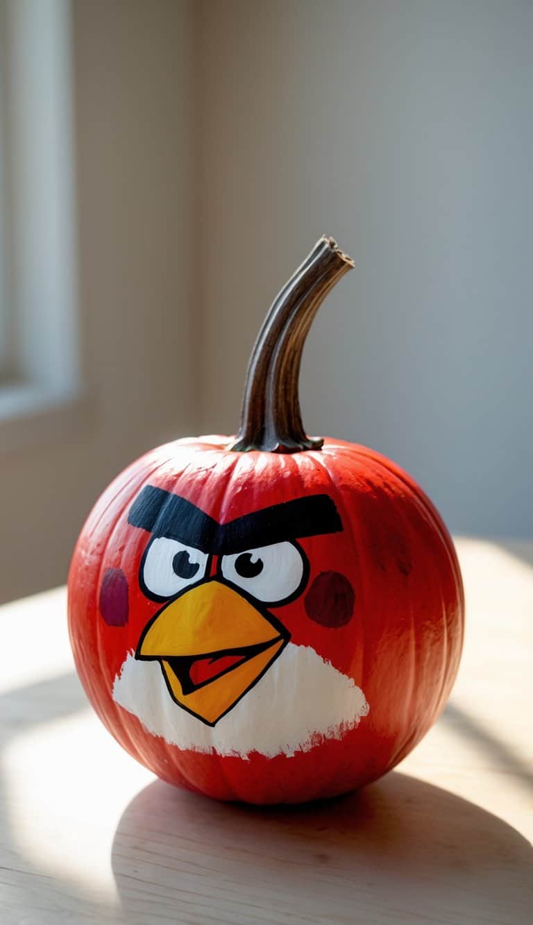 A pumpkin painted to resemble the red Angry Bird character, featuring a yellow beak, white chest, expressive eyes, and thick black eyebrows, sitting on a light wooden surface in natural light.