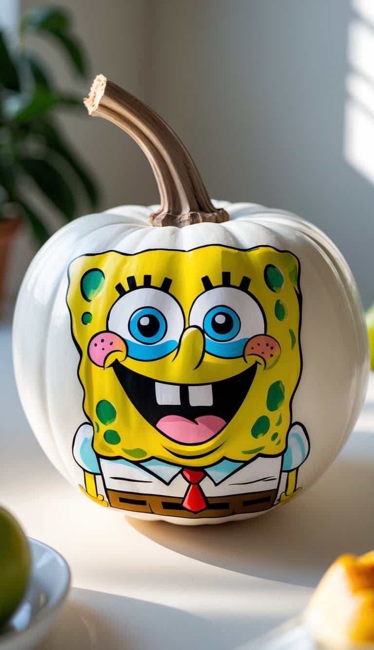 A white pumpkin decorated with a colorful painting of SpongeBob SquarePants' smiling face, sitting on a sunlit table with a green plant blurred in the background.