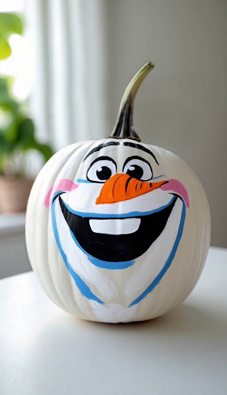 A white pumpkin painted with a cheerful Olaf face from Frozen, featuring large eyes, a carrot nose, and a wide smiling mouth with blue and pink accents. The pumpkin sits on a white surface indoors.