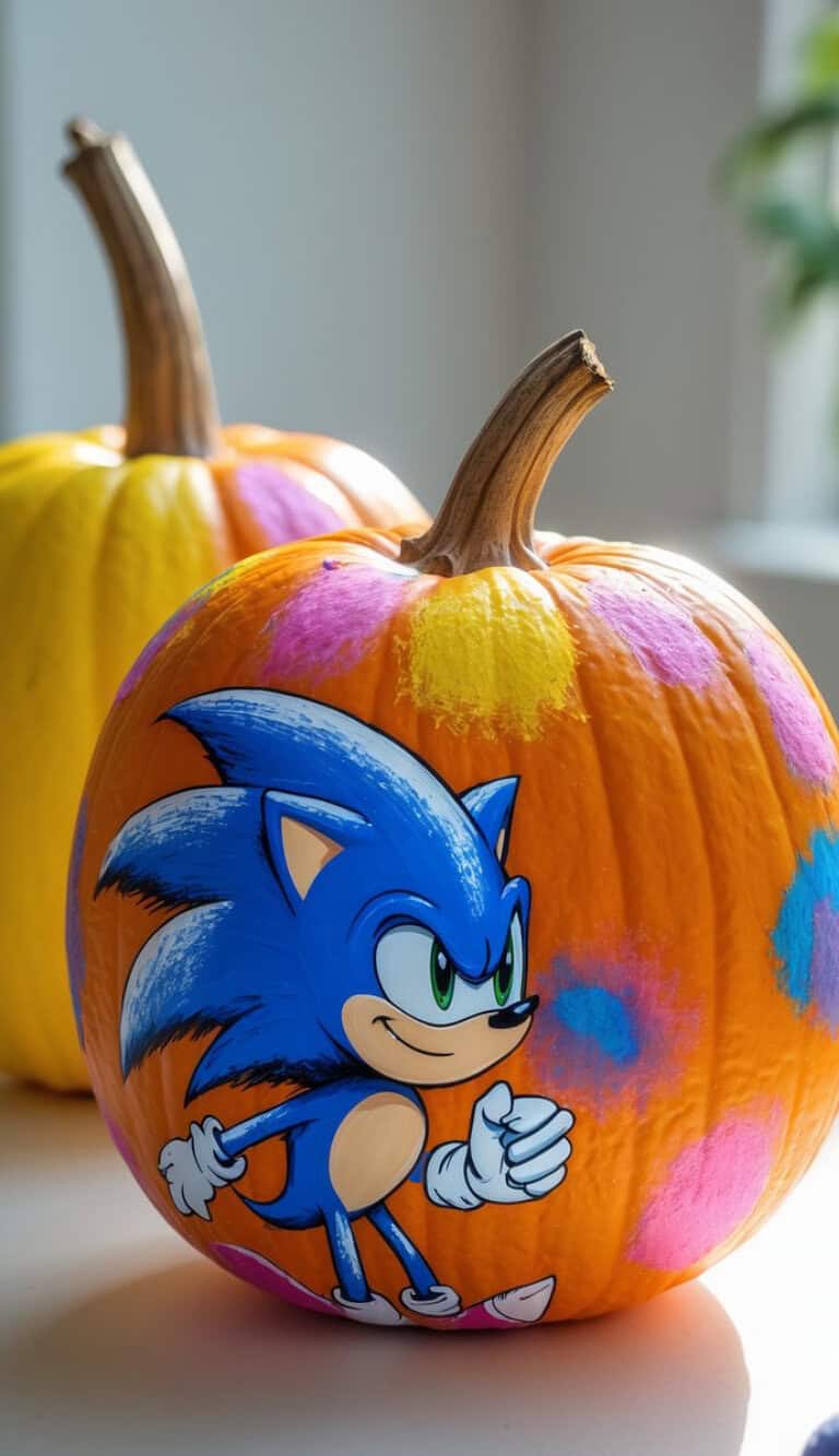 A pumpkin decorated with a colorful paint design featuring Sonic the Hedgehog and vibrant splashes of pink, purple, and blue. Another yellow pumpkin is visible in the background.
