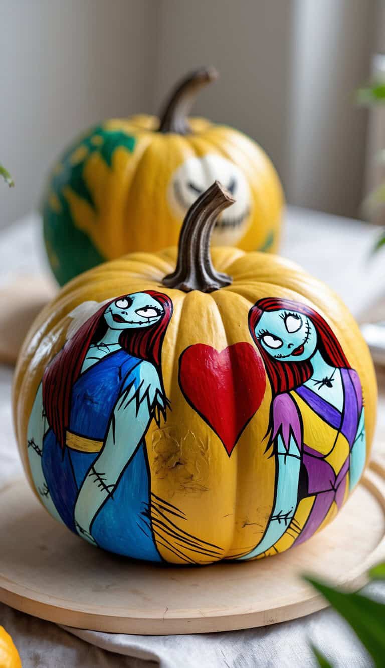 A yellow pumpkin painted with two cartoonish, stitched-up female figures in colorful clothes holding hands with a red heart between them. Another decorated pumpkin is visible in the background.