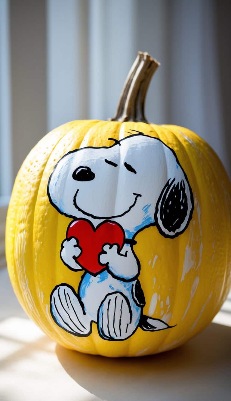 A yellow pumpkin is decorated with a painted image of Snoopy holding a red heart and smiling, with sunlight and window shadows in the background.