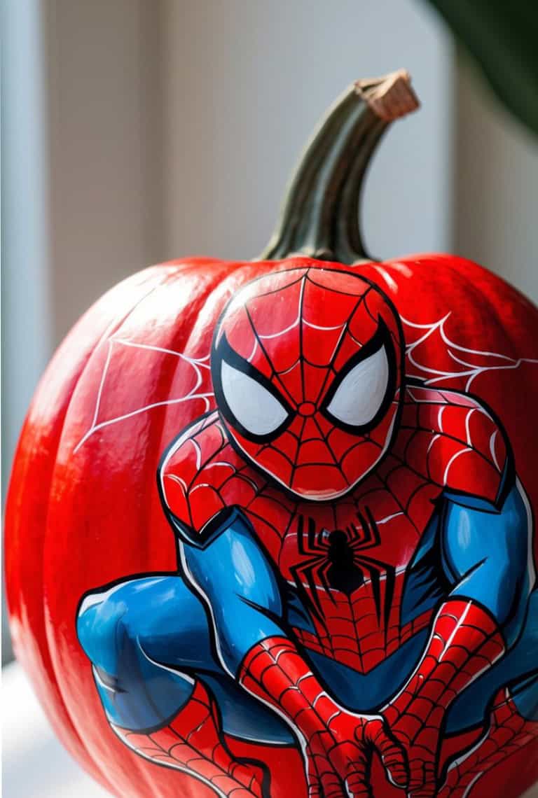 A bright red pumpkin is painted with a detailed image of Spider-Man crouching, with white web designs around him. The artwork features Spider-Man’s classic red and blue suit with black webbing.