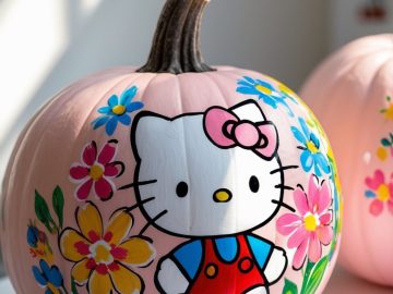 A pale pink pumpkin decorated with a painted Hello Kitty character in a red outfit, surrounded by colorful flowers, sits in bright natural light.