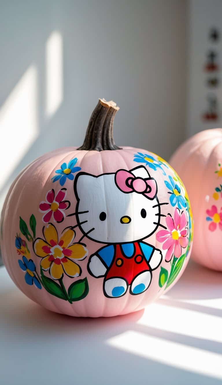 A pale pink pumpkin decorated with a painted Hello Kitty character in a red outfit, surrounded by colorful flowers, sits in bright natural light.