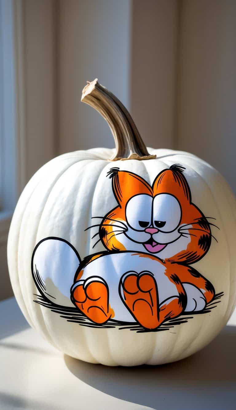 A white pumpkin with a colorful, cartoon-style painting of Garfield the cat lounging on it, displayed on a light surface with sunlight from a nearby window.