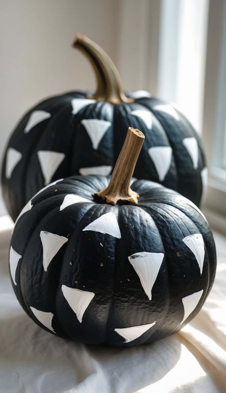 Two black pumpkins with white triangle patterns painted on them, placed on a light-colored surface near a window with natural light shining in.