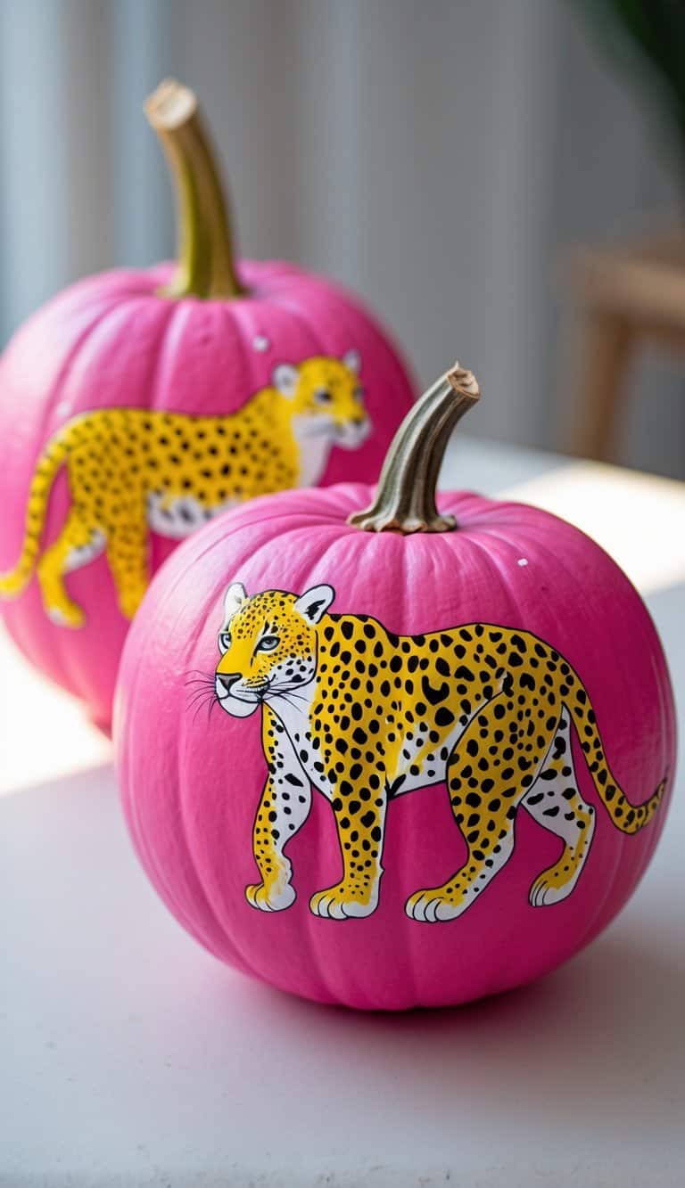 Two pink pumpkins are decorated with painted images of yellow and black leopards. The pumpkins are sitting on a white surface with a blurred background.