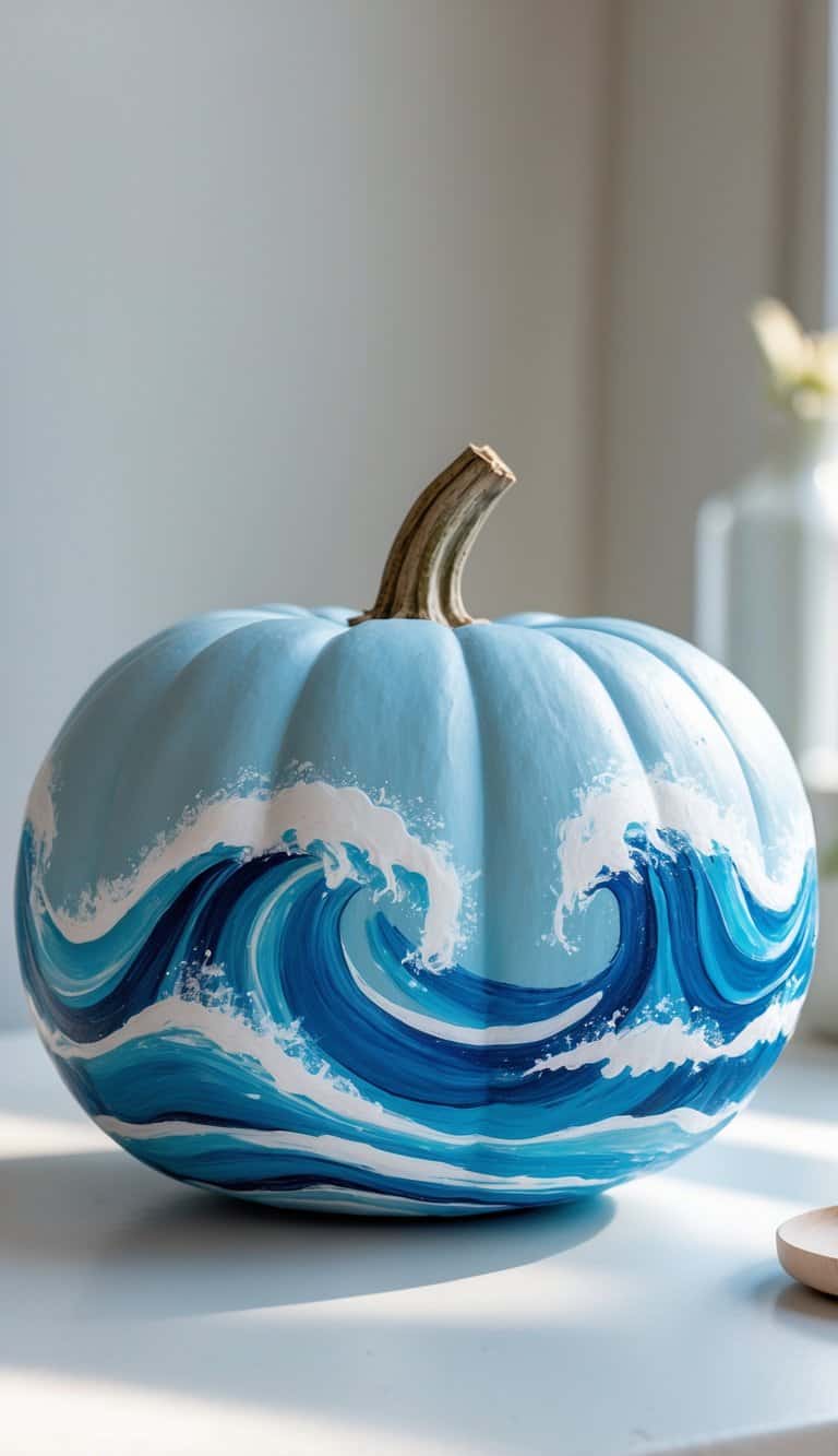 A light blue pumpkin with a detailed hand-painted design of ocean waves in various shades of blue and white, sitting on a white surface near a softly lit window.