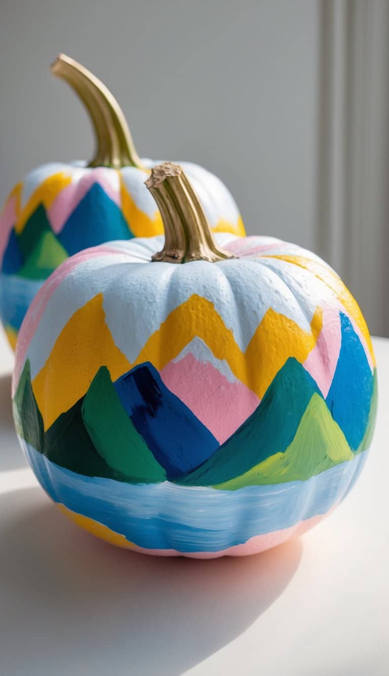 Two white pumpkins are painted with colorful mountain landscapes, including yellow, green, and blue peaks, a blue river, and a pink sky, all in a bright, artistic style.