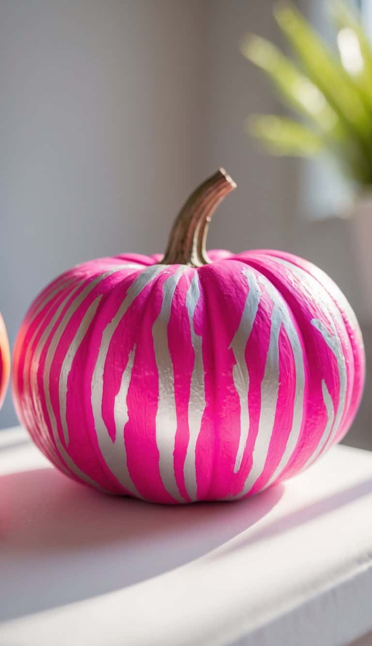 A pumpkin painted bright pink with silver zebra-like stripes sits on a white surface. A green plant and sunlight can be seen in the blurred background.