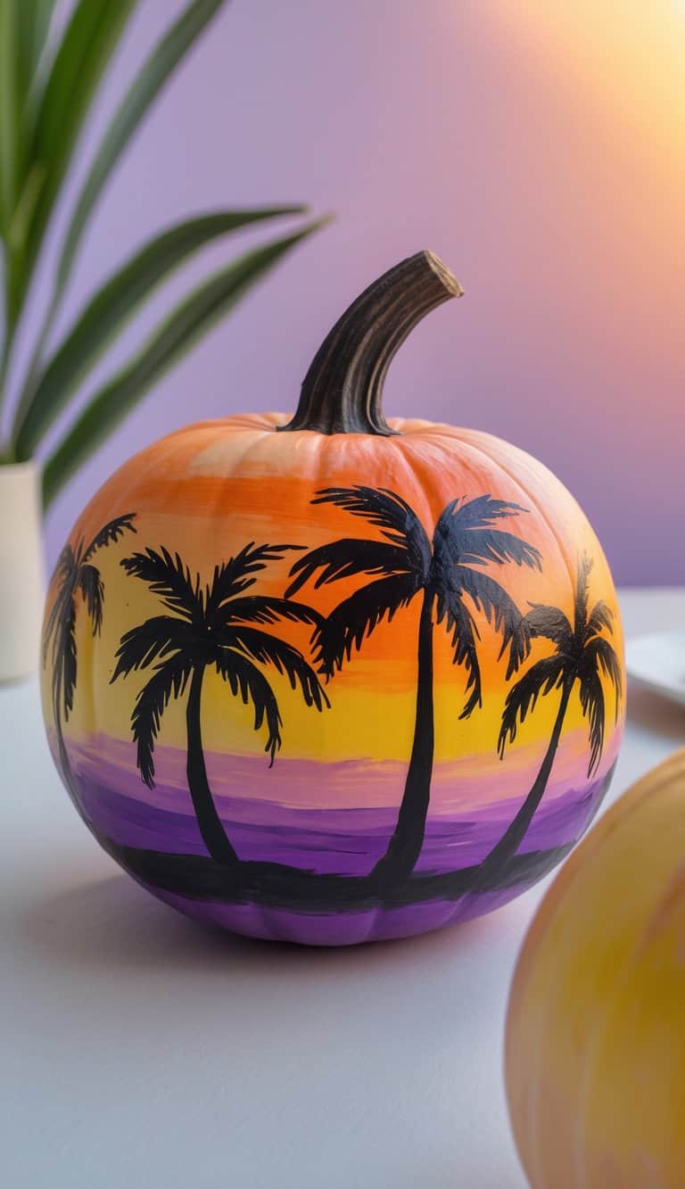 A pumpkin painted with a sunset scene in orange, yellow, and purple, featuring silhouettes of palm trees. The pumpkin sits on a white surface with a blurred plant and sunlight in the background.