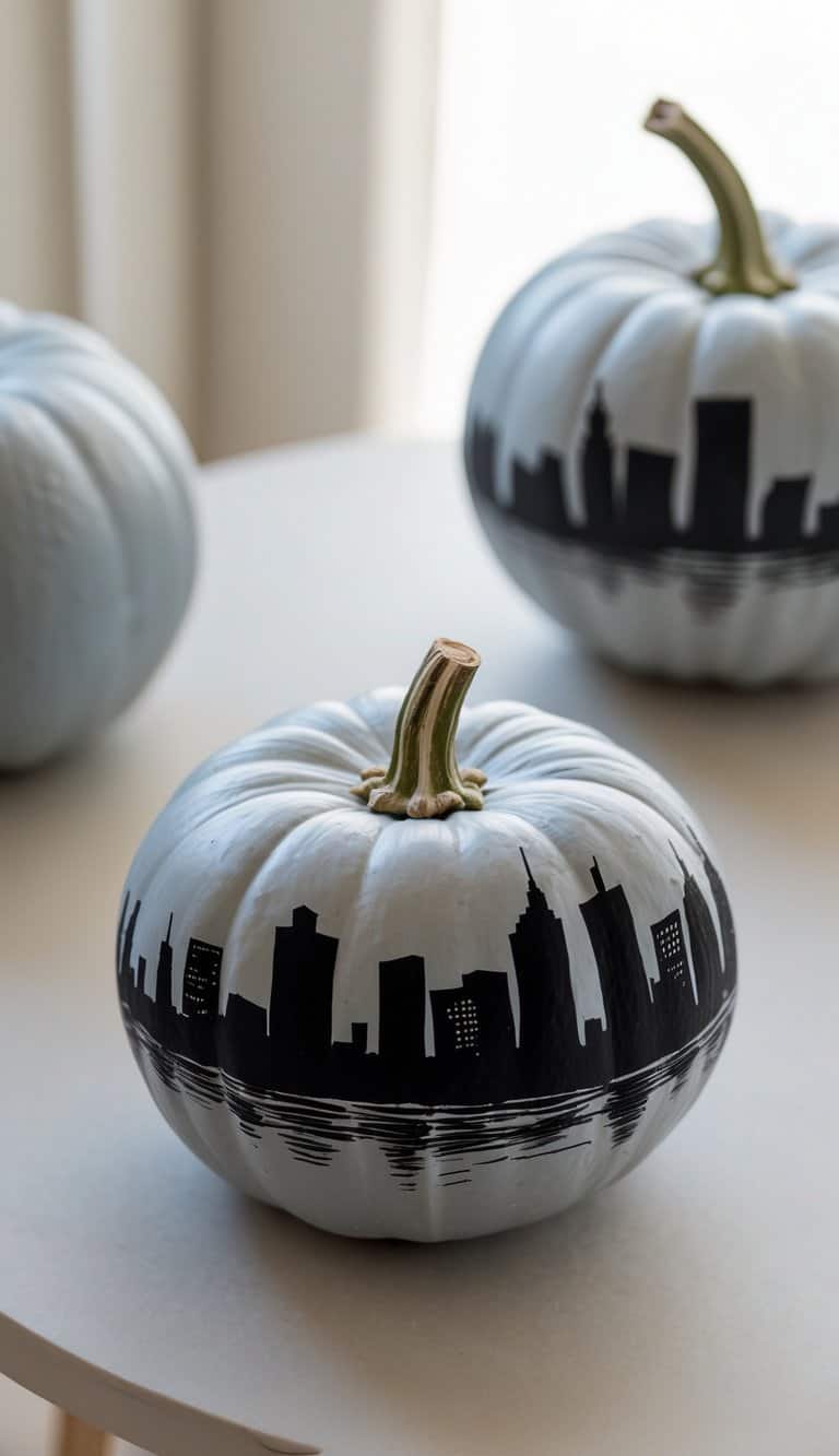 A pale pumpkin sits on a table with a painted black city skyline wrapping around its middle; two similar pumpkins are blurred in the background.