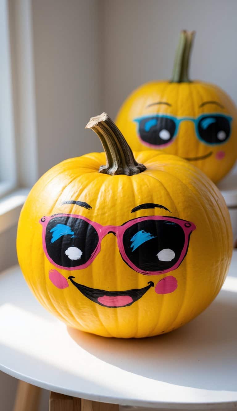 Two yellow pumpkins decorated with painted smiling faces, rosy cheeks, and colorful sunglasses sit on a white table by a window in bright sunlight.