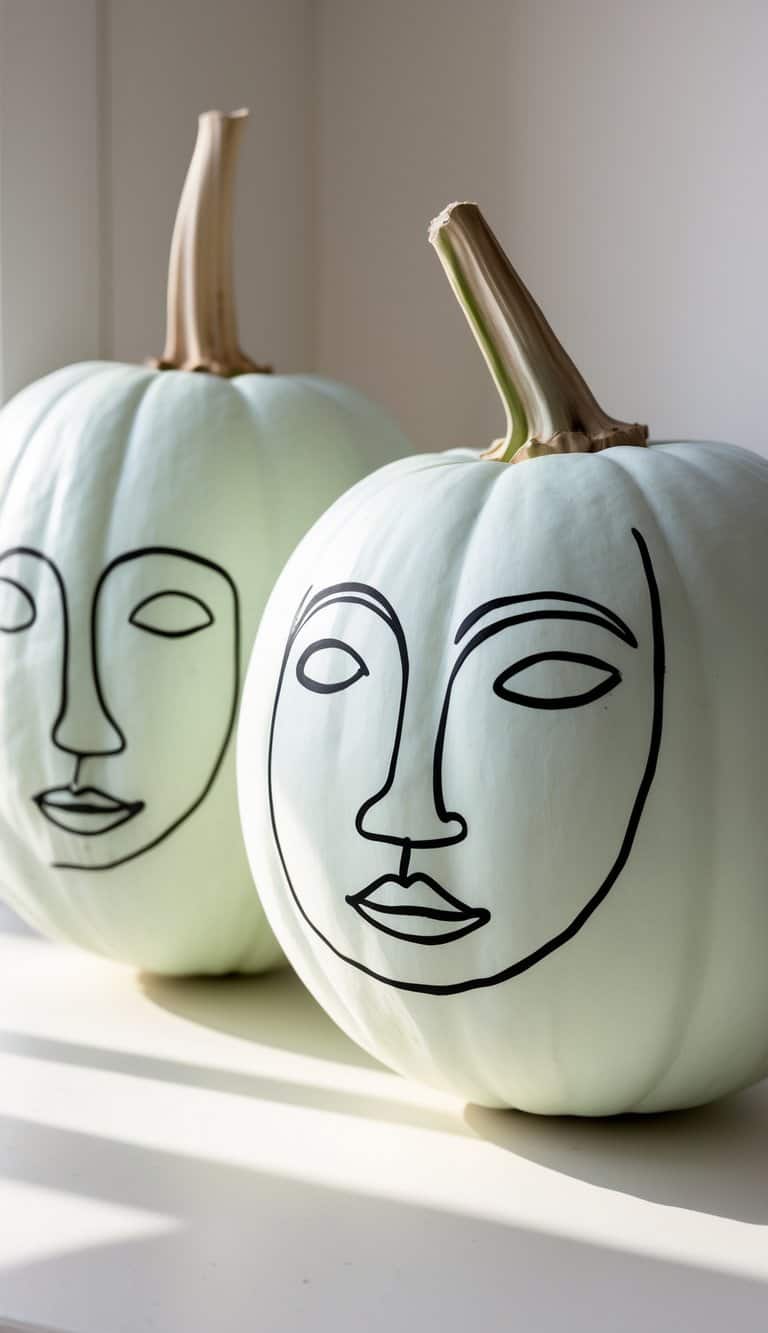 Two white pumpkins sit side by side, each decorated with a simple, abstract human face drawn in black lines. They are placed on a sunlit surface near a window.