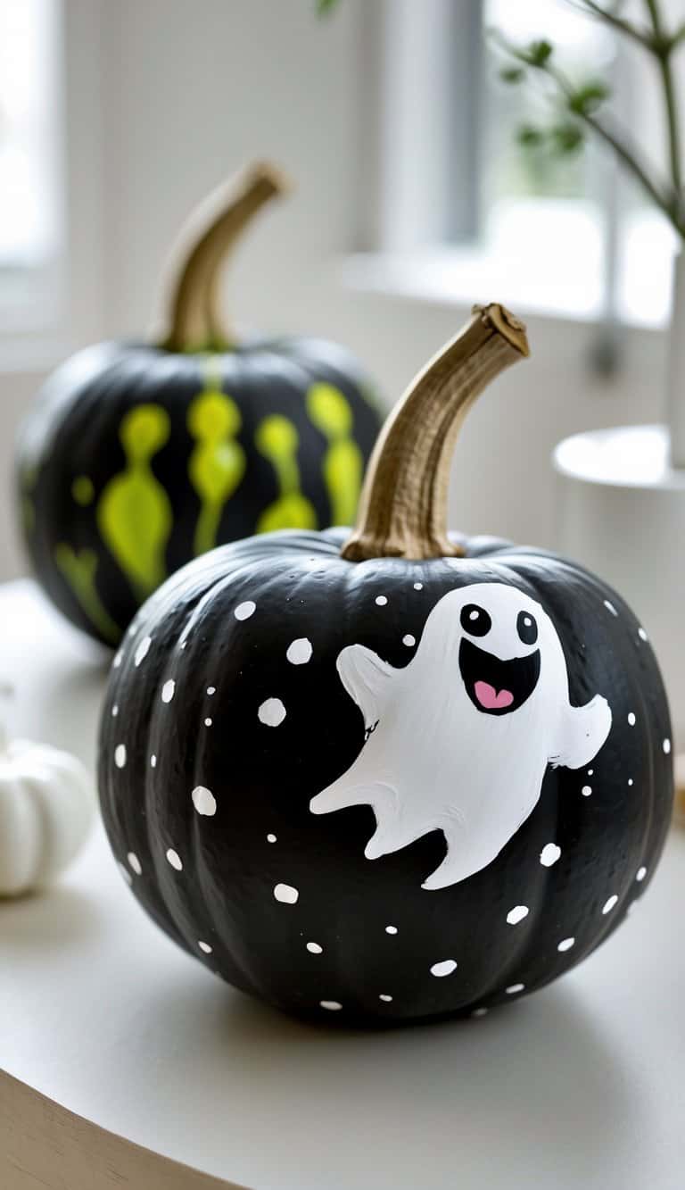 Two pumpkins painted black, one featuring a white smiling ghost and white dots, the other decorated with green wavy lines, are displayed on a light surface in a bright, modern room.