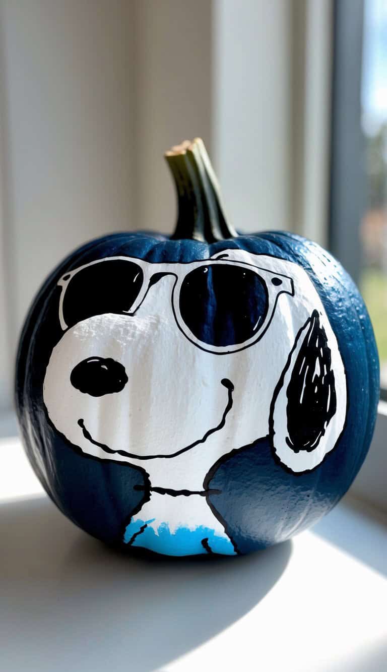 A pumpkin painted dark blue with a white area featuring Snoopy’s face wearing sunglasses, smiling, and looking cool, placed on a windowsill with sunlight shining in.
