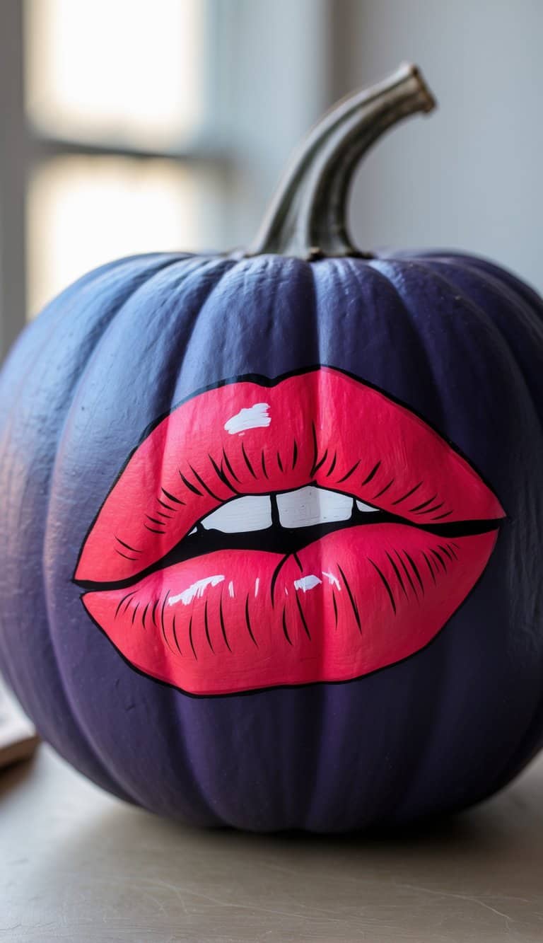 A dark purple pumpkin with a large, stylized mouth painted on it in bright pink and red, showing glossy lips and slightly parted teeth. The pumpkin sits indoors near a window.