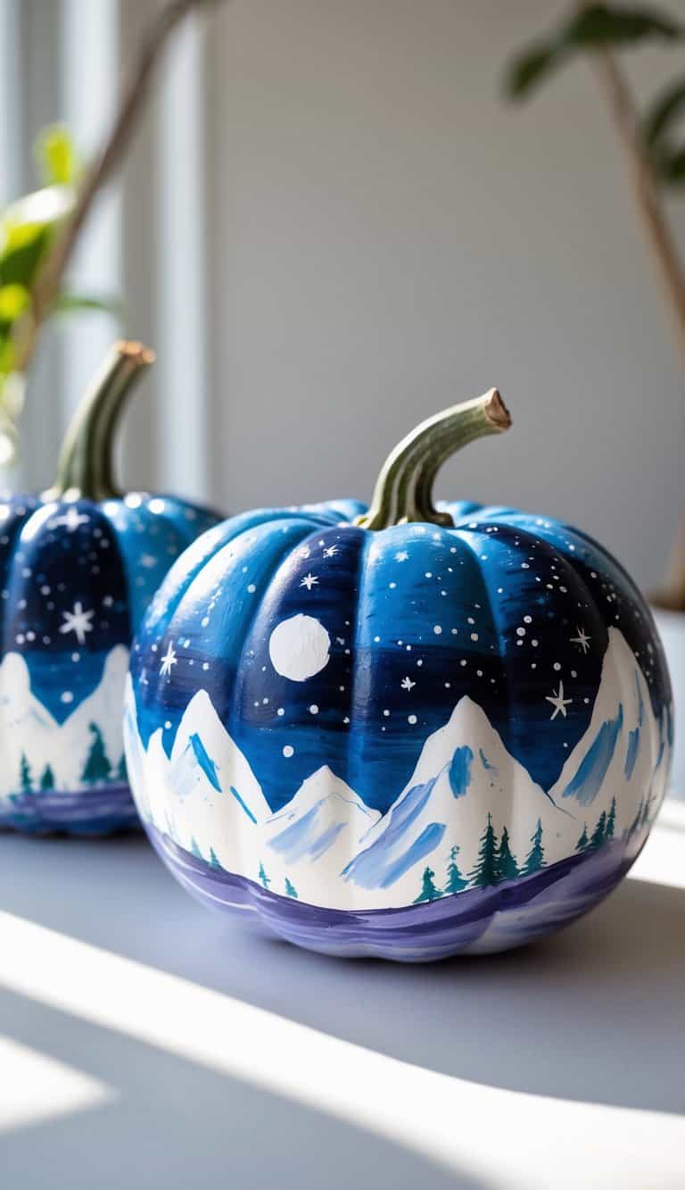 A blue pumpkin is painted with a nighttime mountain scene, including white snow-capped peaks, pine trees, a full moon, and stars. Another similarly painted pumpkin is in the background.