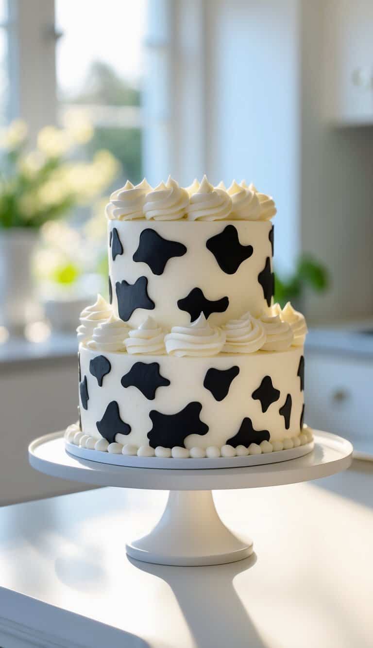 A two-tiered cake decorated with black and white cow spots and swirls of white frosting, displayed on a white cake stand in a bright, sunlit kitchen.