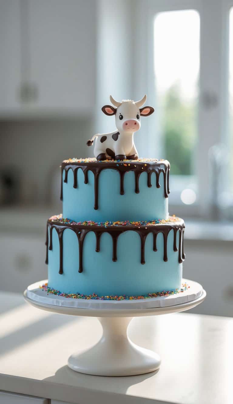 A two-tier blue cake with chocolate drip, colorful sprinkles, and a fondant cow topper sits on a white cake stand in a bright kitchen.