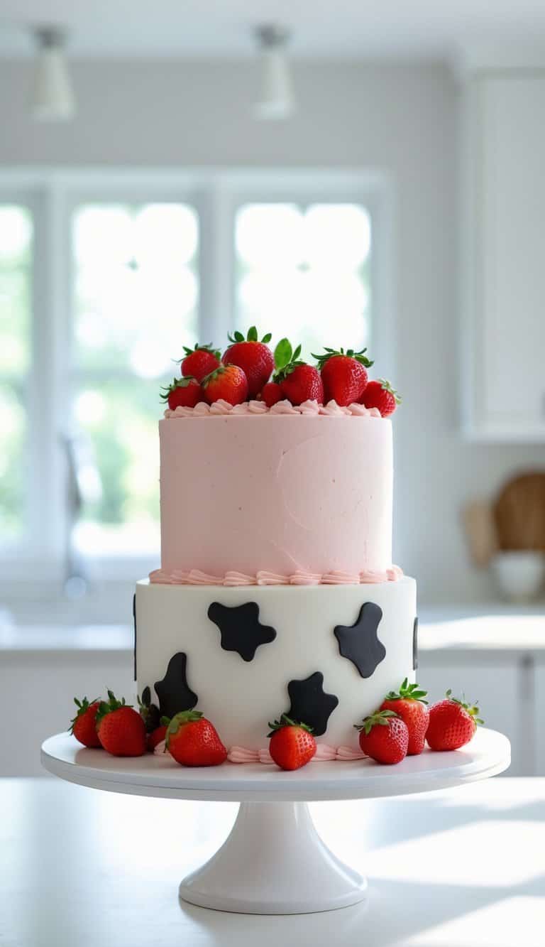 A two-tier cake with pink frosting on the top layer and cow print spots on the bottom, decorated with fresh strawberries, sits on a white cake stand in a bright kitchen.
