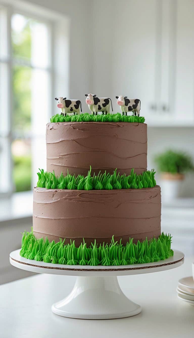 A two-tier chocolate cake decorated with green icing to resemble grass, topped with small fondant cows, sits on a white cake stand in a bright kitchen.
