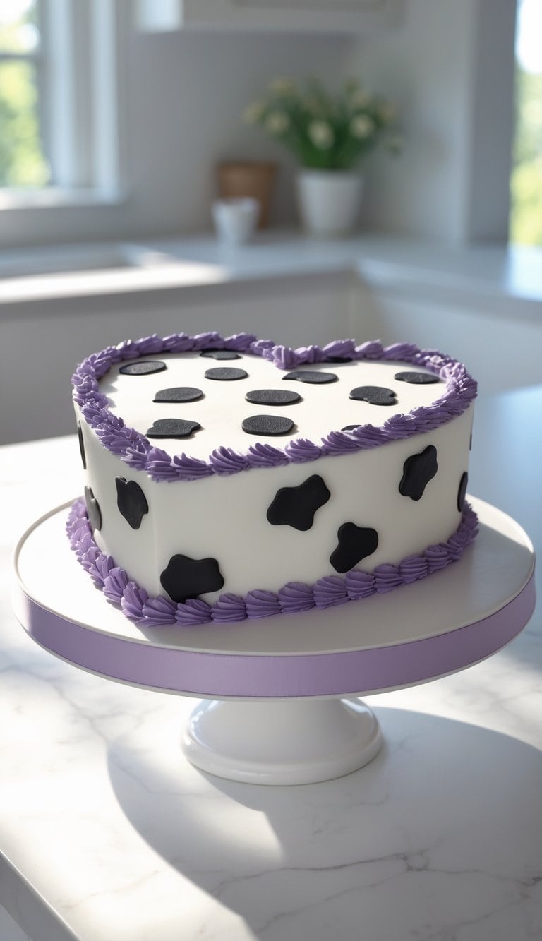 A heart-shaped cake with white frosting, black cow spots, and a purple icing border sits on a white cake stand with a purple ribbon, displayed on a marble countertop in a bright kitchen.