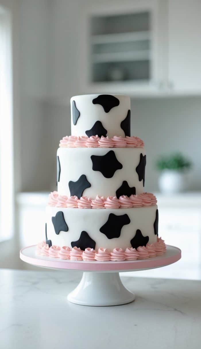 A three-tier white cake with black cow spots and pink frosting borders sits on a white cake stand in a bright kitchen.