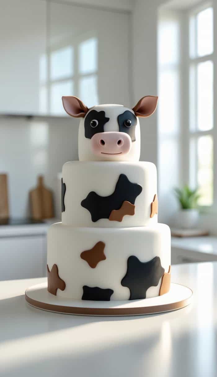 A two-tier cake decorated with black and brown cow spots and topped with a fondant cow face and ears, set on a white kitchen counter with sunlight streaming through windows.