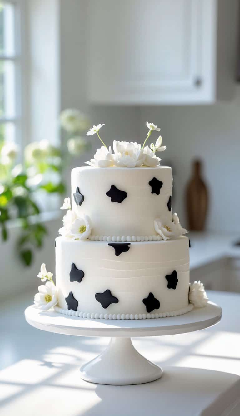 A two-tier white cake with black cow-spot patterns, decorated with white flowers, sits on a white cake stand in a bright kitchen with sunlight streaming in and green plants in the background.