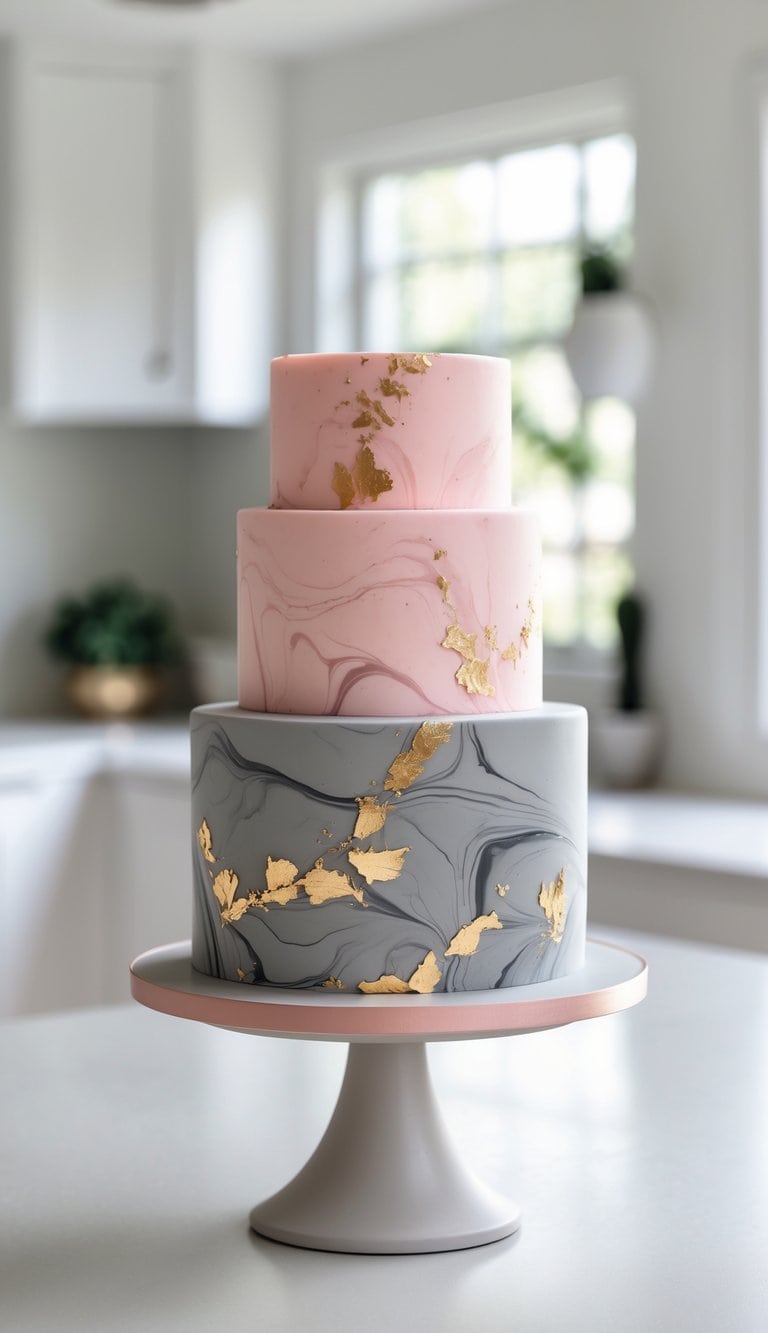 Three-tiered cake with marble-patterned gray and pink fondant, decorated with gold leaf accents, displayed on a white cake stand in a bright, modern kitchen.