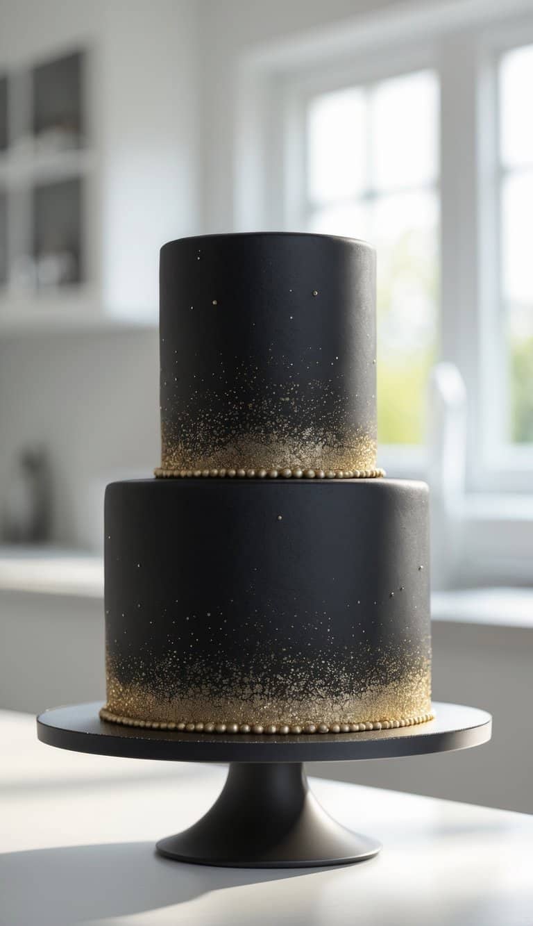 A two-tiered black cake with gold speckles and pearl accents sits on a black cake stand in a bright, modern kitchen.