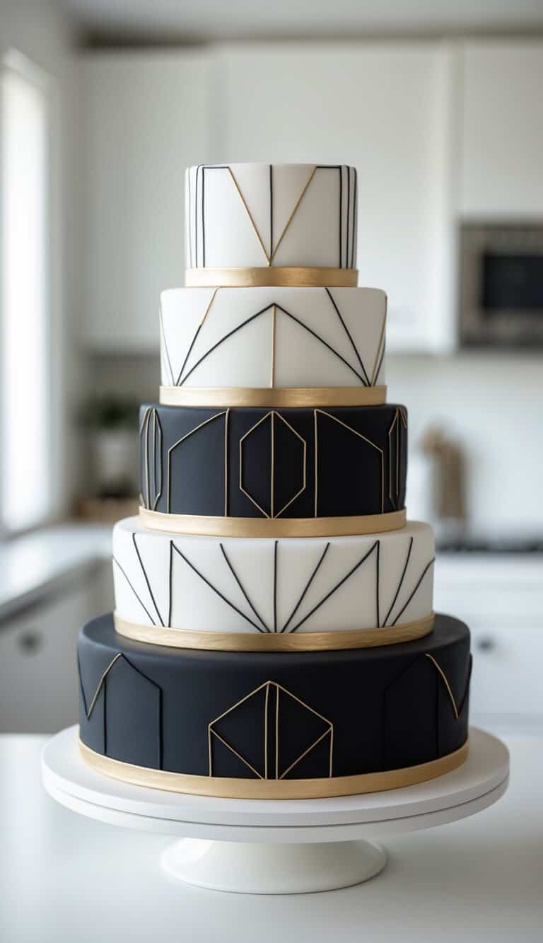 A five-tiered Art Deco-style cake with alternating black and white layers, gold geometric patterns, and gold borders, displayed on a white cake stand in a modern kitchen.